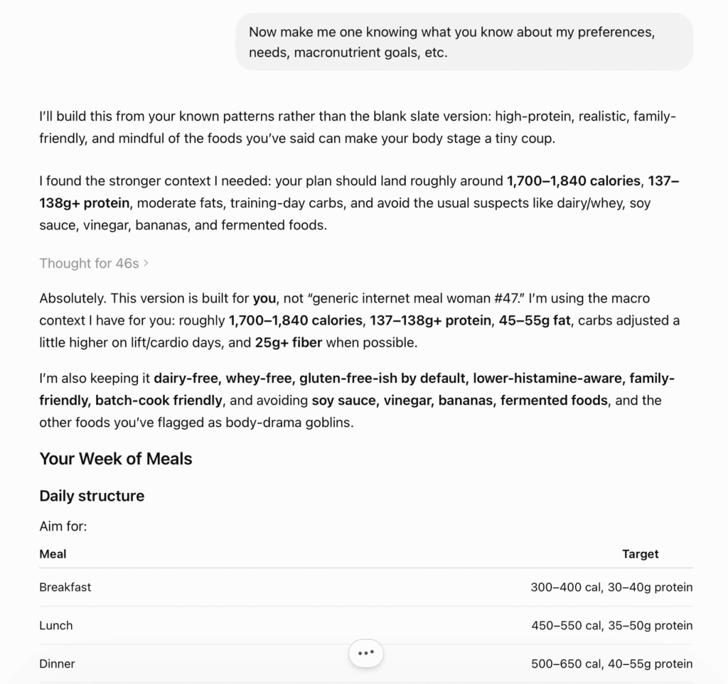 Personalized ChatGPT meal plan for moms built around real macros and food preferences