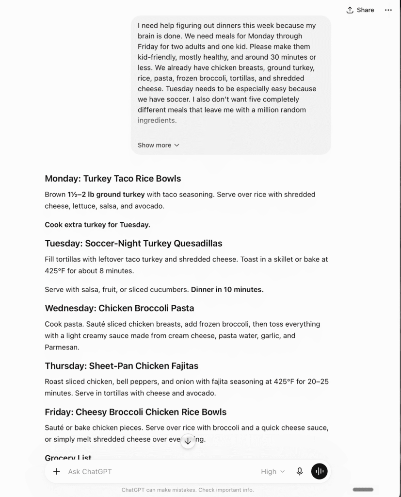 ChatGPT for busy moms turning pantry ingredients into a week of kid-friendly dinners
