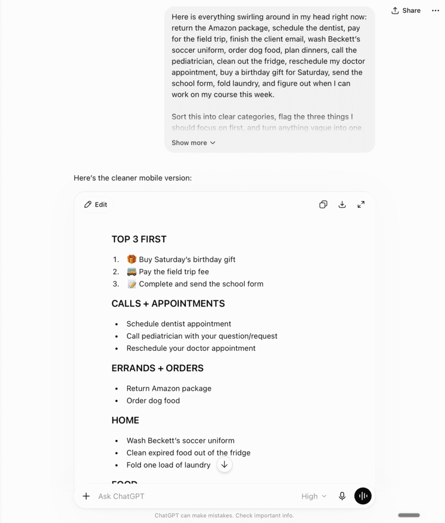 ChatGPT for overwhelmed moms sorting a mental-load brain dump into a prioritized list